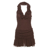 Spring 2025 Fashion Trend Women's New Hanging Neck Bare Back Body Solid Color Lotus Leaf Side Dress