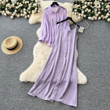 Temperament Two Sets Of Women's Languid Languid Wind Outside The Thin Loose Long-Sleeved Sunscreen Jacket + Sling Dress