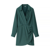 Side Wrinkled Dress 2025 Spring And Summer Shirt Style Long-Sleeved V-Neck High Waist Repair Short Mini Skirt