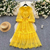 French High-End Elegant Dress Female Senior Sense Strap To The Waist Lantern Sleeve Embroidered Mesh A Word Over Knee Dress