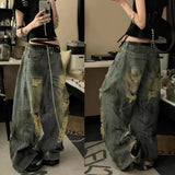Vintage Wasteland Wind Splash Ink Ripped Jeans Women Summer New Water-Washing Straight Tube Trousers Tide