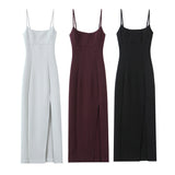 Double-Sided Cloth Sling Dress 2025 Summer Temperament Dress Dress Open Back Fork And Medium Long Fan Skirt