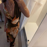 2025 Summer Women's New Retro Temperament Collar Color Print High-Waisted Long Dress