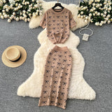 Knitted Suit Women's 2025 Summer High-End Round-Neck Short-Sleeved Bow Print Top High-Waisted Hip Skirt