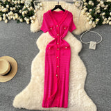 Elegant Little Scent Retro V-Neck Metal Single-D Row Buckle Slimming Temperament Knitted Dress Spring