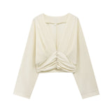 Folded Decorative Short Top 2025 Spring Women's Long-Sleeved V-Neck Buckle Short Shirt