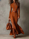 2025 New Retro Modern Collar Zipper High Open Forked Waist Temperament Famous Style Dress
