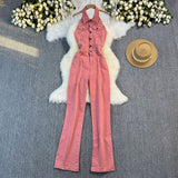 Summer Denim Panties Femininity Hanging Neck Sleeveless Backs High Waist Slimmed Denim Jumpsuit