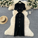Small Fragrant Style High-End Hair-Side V-Neck Short-Sleeved Knitted Dress Women's Summer Waist Single Buckle-Clove Long Dress