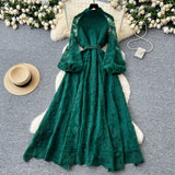 Elegant Stand-Up Single Buckle Heavy Industry Hook Flower Embroidery Lantern Sleeve With A Long Dress With A Big Swing