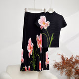 Miyaji Fashion Set Women's Summer French High-Grade Folding Print Short-Sleeved Top + Loose A Word 100-Fold Long Skirt