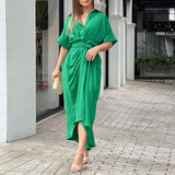 2025INS Women's Printed Collar Short Sleeve High-Waisted Long Shirt Dress