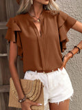 2025 Women's Summer New V-Neck Casual Double-Layer Lotus Leaf Sleeve Solid Shirt Top