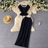 Design Sense Of The Color Short Sleeve Knitted Cardigan Top + High Waist Long Skirt Summer Wearing Two Sets