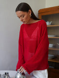 Slave Knitted Jersey 2025 Spring And Summer New Female Perspective Thin Round Collar Horn Sleeve Knit T-Shirt