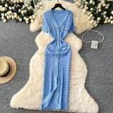 Elegant Little Scent Retro V-Neck Metal Single-D Row Buckle Slimming Temperament Knitted Dress Spring