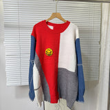 Autumn And Winter Cowboy Sleeve Splicing Bumpy Smiley Face Loose-Fitting Sweater Round Collar Knitted Bottoming Shirt Woman
