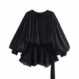Three-Color Bubble Sleeve Lotus Side Wrinkle Skirt 2025 Spring And Summer Lace With Round Tie Waist Mini Dress