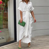 2025INS Women's Printed Collar Short Sleeve High-Waisted Long Shirt Dress