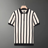 Trendy Summer Short-Sleeved Men's Korean Version Of Retro Striped Personality Zipper Half-Sleeved Knitted Shirt Casual T-Shirt Man's Tide