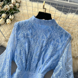 French Retro Elegant Dress Woman 2025 New High-End Collar Single Buckle Waist Embroidery Mesh Dress