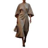 2025 Women's Fashion Temperament Elegant Solid Color Waist Dress Casual Bat Sleeve Dress