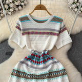 Small Fresh Striped Dresses Women's Summer French Oceanic Vintage Design Sensation Sweet National Wind Knitted Skirt