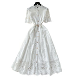 2025 Summer Women's Dress Small High-End Embroidery Single Buckle Waist Elegant Knee Long Skirt