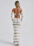 2025 New Hottie Women's Suit Summer Striped Long-Sleeved Hanging Neck Top Skirt Two-Piece Women