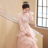Pink Art Exam Evening Dress Woman 2025 New Long-Sleeved Light Luxury Small Temperament Long Banquet Host Ponpong Skirt