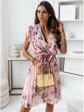 2025Wish Explosion Summer Lotus Leaf Side Short-Sleeved V-Neck Digital Printed Dress Woman