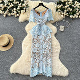 High-End Small Scented Dress Female Elegant Diamond Buckle Clame Collar Short-Sleeved Hollow Lace Dress