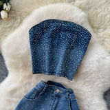 Fashion Hot Diamond Cowboy Suit Women's Summer Sleeveless Chest Vest + High-Waisted Denim Horn Trousers