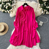 Korean Version Of High-End Sense Polo Collar Shirt Women Autumn Three-Dimensional Flowers Loose Irregular Folding Tail Design Top