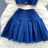 Chic Port Style Retro Hottie Set Short Sling Vest With Mini Half-Dress Denim Two-Piece Tide