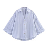 2025 Spring And Summer New Women's Fashion Casual Collar Striped Wide-Sleeved Shirt