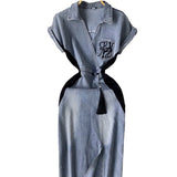 Vintage National Trend Denim Dress Women's New Chinese-Style Retro Embroidery Waist Thin Open Fork Ass Fashion Dress