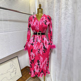 High-End Elegant Dress Women 2025 New Light Style Waist Hair Sleeve Splicing Print 100-Folded Long Dress