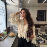 Is Women's V-Neck Folding Trim Shirt Long-Sleeved Top Loose Woman
