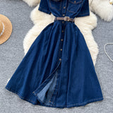 Korean Version Of Fashion Casual Denim Dress Women Retro Collar Short Sleeve Single Buckle Waist Swing Shirt Long Skirt
