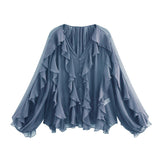 Spring 2025 New Women's V-Neck Single Buckle Long-Sleeved Cascade Decorative Shirt 10 Colors