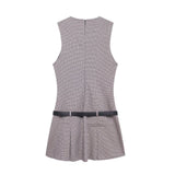 Women's Clothing 2025 Autumn And Winter New Waist Bandwidth V-Neck Sleeveless Checker Mini Dress