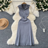 Design A Small-Sized Lap Collar Zipper Sleeveless Dress Women Decorate The Body Thin Leisure Medium Long Over-ϥ Knit Dress