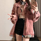 Vintage Spliced Denim Jacket Girl Spring And Autumn Loose Design Sense Small Casual Pink Workwear Top