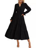 2025 Autumn Long Dress Long Sleeve V-Neck Layered Lotle Leaves By The A-Line Cocktail Party
