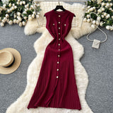 Small Fragrant High-End Round-Neck Sleeveless Metal Buckle Slimming Knitted Dress Woman 2025 New Summer