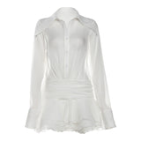 Spring 2025 Fashion Trend Women's New Collar V Collar Horn Sleeve Mesh Repair Dress