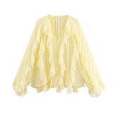 Spring 2025 New Women's V-Neck Single Buckle Long-Sleeved Cascade Decorative Shirt 10 Colors