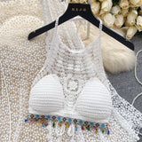 Seaside Wearing A Holiday Style Suit Female Retro Hook Hanging Neck Vest + Hollow Open Shirt + Half-Dress Three-Piece Set