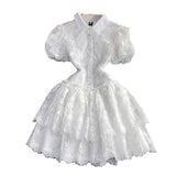 2025 Summer Retro Temperament Elegant Collar Single Buckle White Lace Embroidery A Word Cake Dress